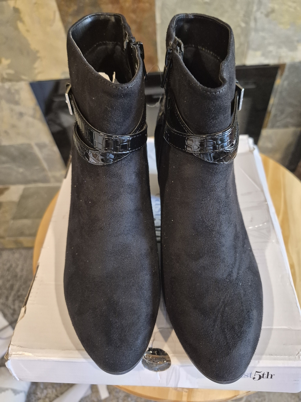East 5th Black Suede Ankle Booties with Patent Buckle - Picture 2 of 7